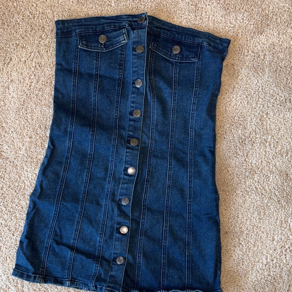 Y2K Denim Strapless Mini Dress Button Front Bodycon